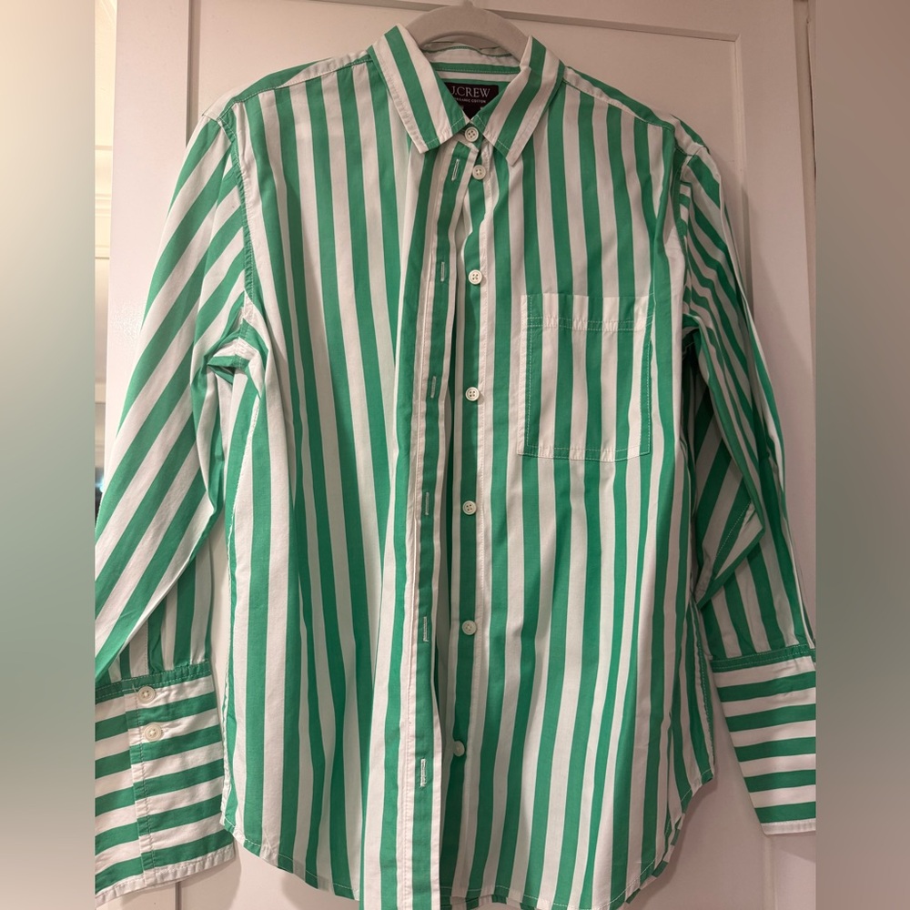 J. Crew Men's Green and White Striped Shirt